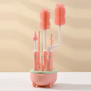 Rubbery Scratchless Silicone Bottle Brush Set - Pink